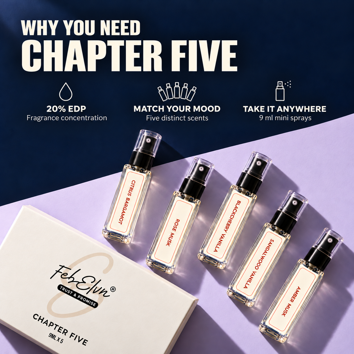 FEBELVN Chapter Five Unisex Mini Perfume Combo, 5 × 9 ml Eau de Parfum (45 ml)